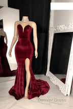 Sexy Burgundy Velvet Wedding Guest Dresses V Neck Mermaid Prom Dresses