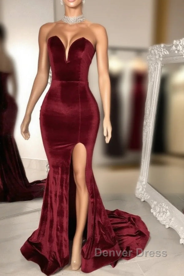 Sexy Burgundy Velvet Wedding Guest Dresses V Neck Mermaid Prom Dresses Main image