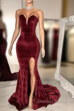 Sexy Burgundy Velvet Wedding Guest Dresses V Neck Mermaid Prom Dresses
