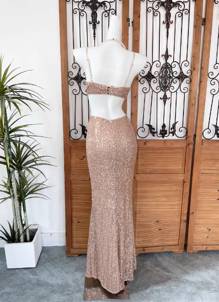 Sexy Champagne Pink Mermaid Spaghetti Strap Waist Cutout Sequin Long Prom Dresses Evening Dresses Secondary image