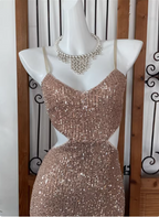 Sexy Champagne Pink Mermaid Spaghetti Strap Waist Cutout Sequin Long Prom Dresses Evening Dresses