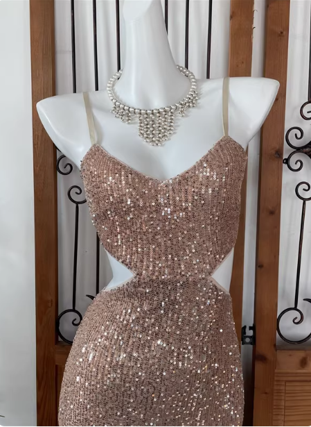 Sexy Champagne Pink Mermaid Spaghetti Strap Waist Cutout Sequin Long Prom Dresses Evening Dresses