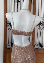 Sexy Champagne Pink Mermaid Spaghetti Strap Waist Cutout Sequin Long Prom Dresses Evening Dresses