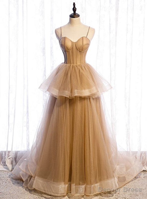 Sexy Champagne Tulle Spaghetti Straps Prom Dresses Main image