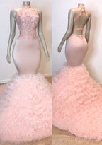 Sexy Chiffon High Collar Mermaid Prom Dresses Sequins Pink Long