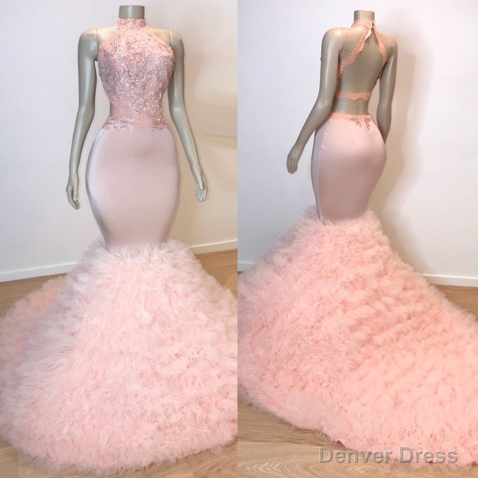 Sexy Chiffon High Collar Mermaid Prom Dresses Sequins Pink Long
