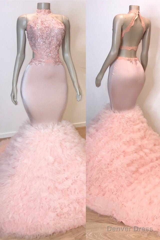 Sexy Chiffon High Collar Mermaid Prom Dresses Sequins Pink Long Main image