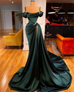 Sexy Dark Green Satin Mermaid Prom Dresses 2026 Spaghetti Straps Pleats Seep Train Prom Occasion Pageant Gown