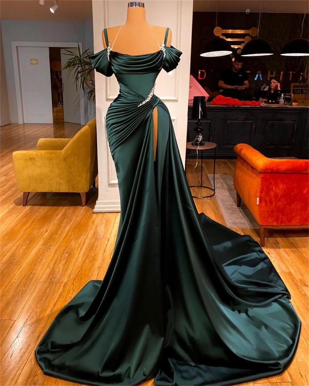 Sexy Dark Green Satin Mermaid Prom Dresses 2026 Spaghetti Straps Pleats Seep Train Prom Occasion Pageant Gown