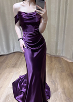 Sexy Deep Purple Mermaid Off-The-Shoulder Satin Long Prom Dresses Evening Dresses