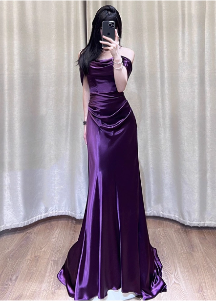 Sexy Deep Purple Mermaid Off-The-Shoulder Satin Long Prom Dresses Evening Dresses