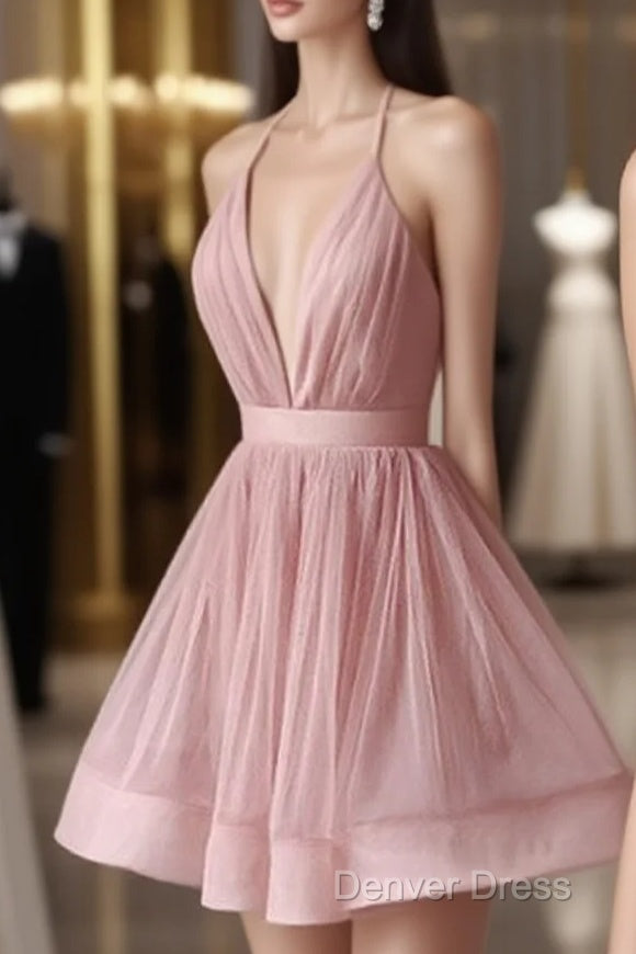 Sexy Deep V-Neck A-Line Backless Pink Homecoming Dresses Online, Main image
