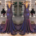 Sexy Deep V Neck Chiffon Mermaid Prom Dresses Sequins Long