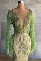 Sexy Deep V Neck Green Prom Dress Full Sleeve Crystals Sequined Mermaid Fashion Prom Gowns Pageant Dresses