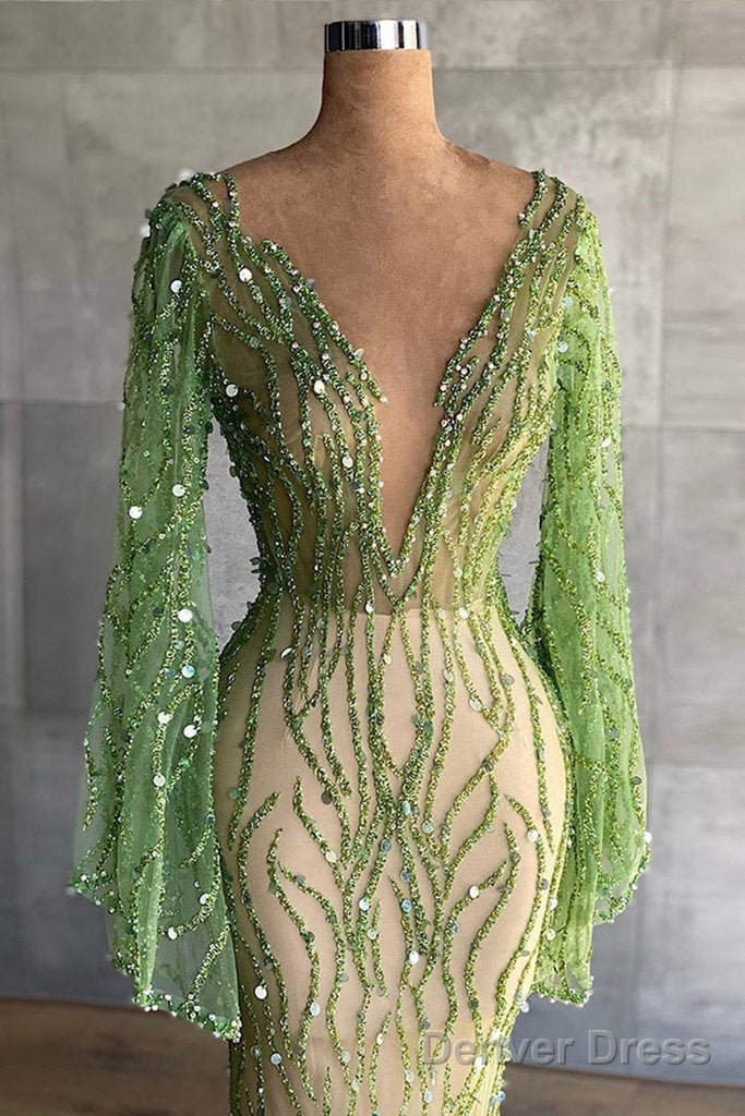 Sexy Deep V Neck Green Prom Dress Full Sleeve Crystals Sequined Mermaid Fashion Prom Gowns Pageant Dresses