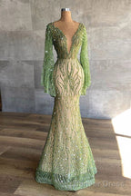 Sexy Deep V Neck Green Prom Dress Full Sleeve Crystals Sequined Mermaid Fashion Prom Gowns Pageant Dresses