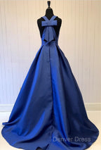 Sexy Deep V-Neck Long Satin Bow Back Evening Dresses Floor Length Prom Gowns