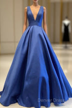 Sexy Deep V-Neck Long Satin Bow Back Evening Dresses Floor Length Prom Gowns