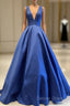 Sexy Deep V-Neck Long Satin Bow Back Evening Dresses Floor Length Prom Gowns