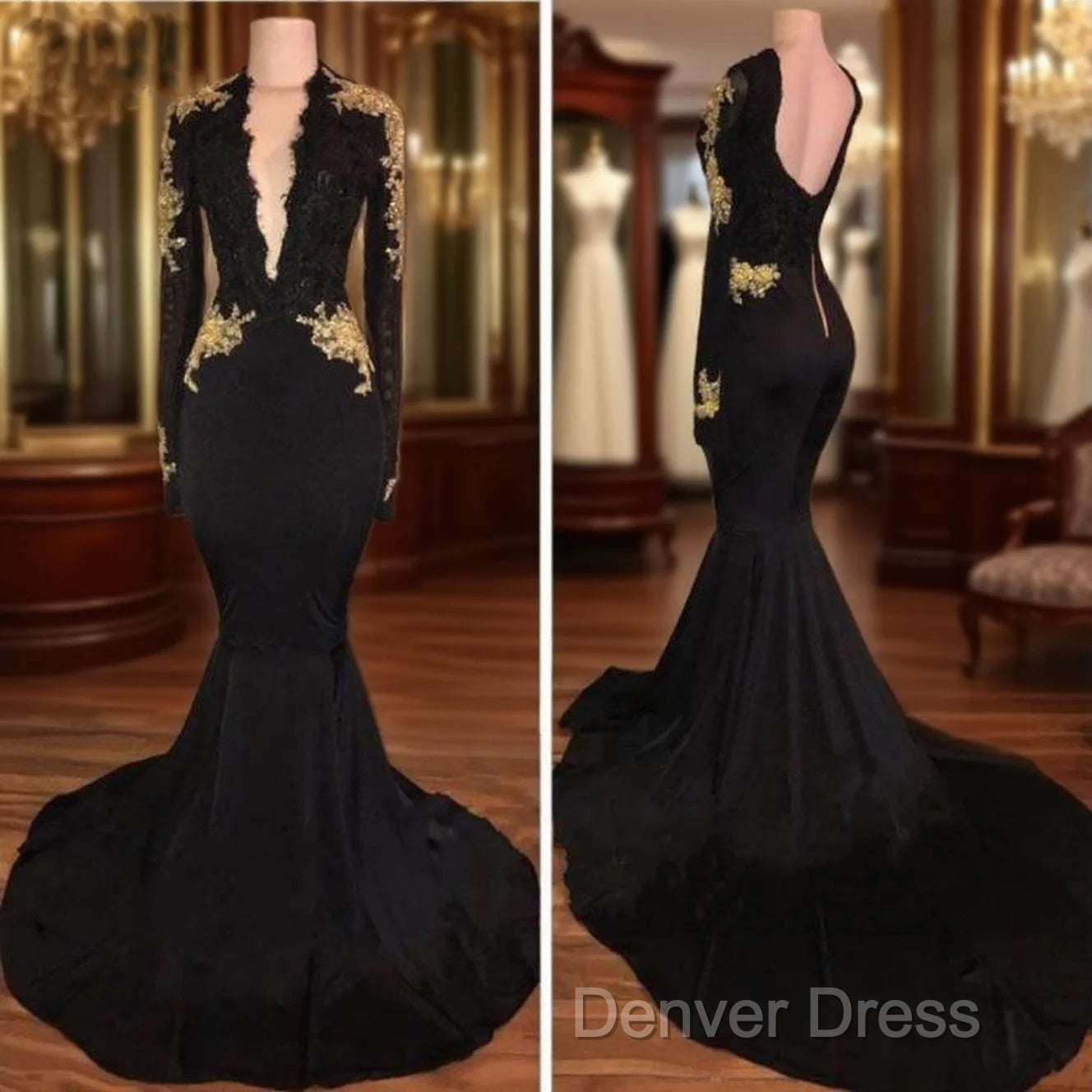 Sexy Deep V-Neck Long Sleeves Black Gold Prom Dresses Main image