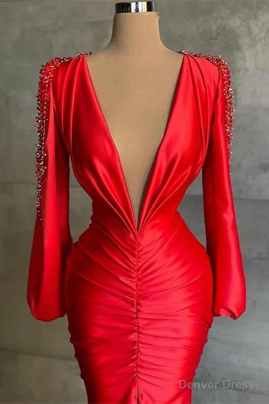 Sexy Deep V Neck Red Long Sleeves Prom Dresses Mermaid Secondary image