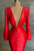 Sexy Deep V Neck Red Long Sleeves Prom Dresses Mermaid