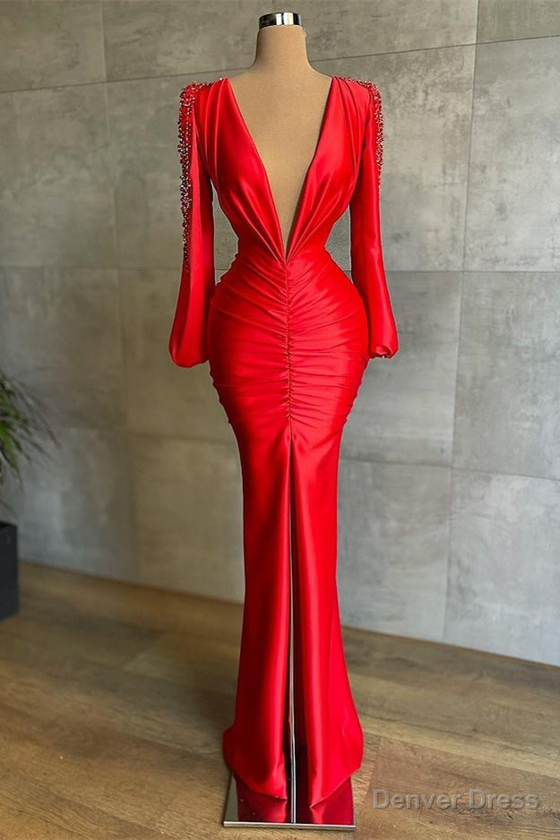 Sexy Deep V Neck Red Long Sleeves Prom Dresses Mermaid