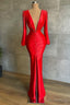 Sexy Deep V Neck Red Long Sleeves Prom Dresses Mermaid