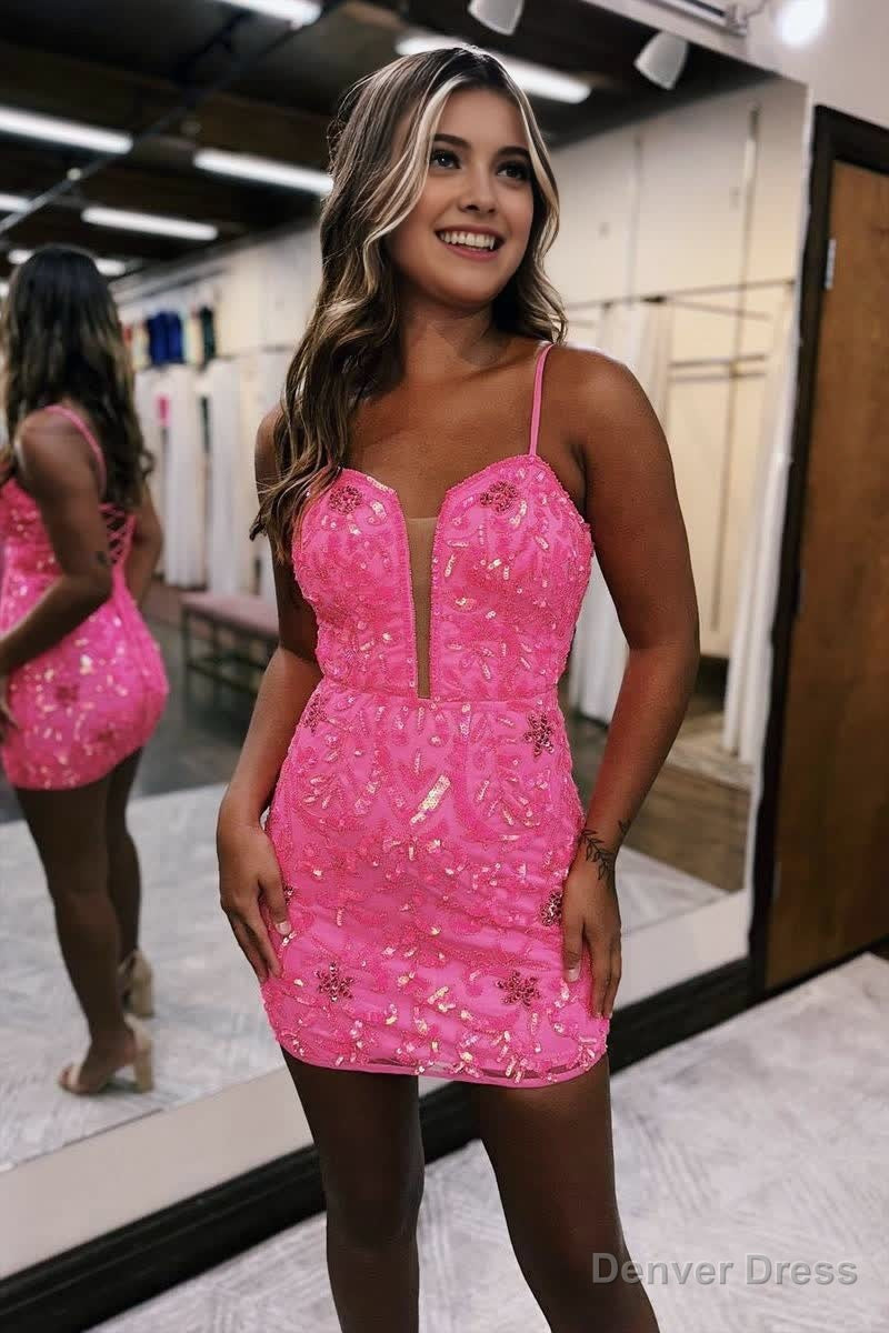 Sexy Deep V neck Sheath Column Pink Short Homecoming Dresses