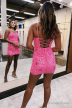 Sexy Deep V neck Sheath Column Pink Short Homecoming Dresses