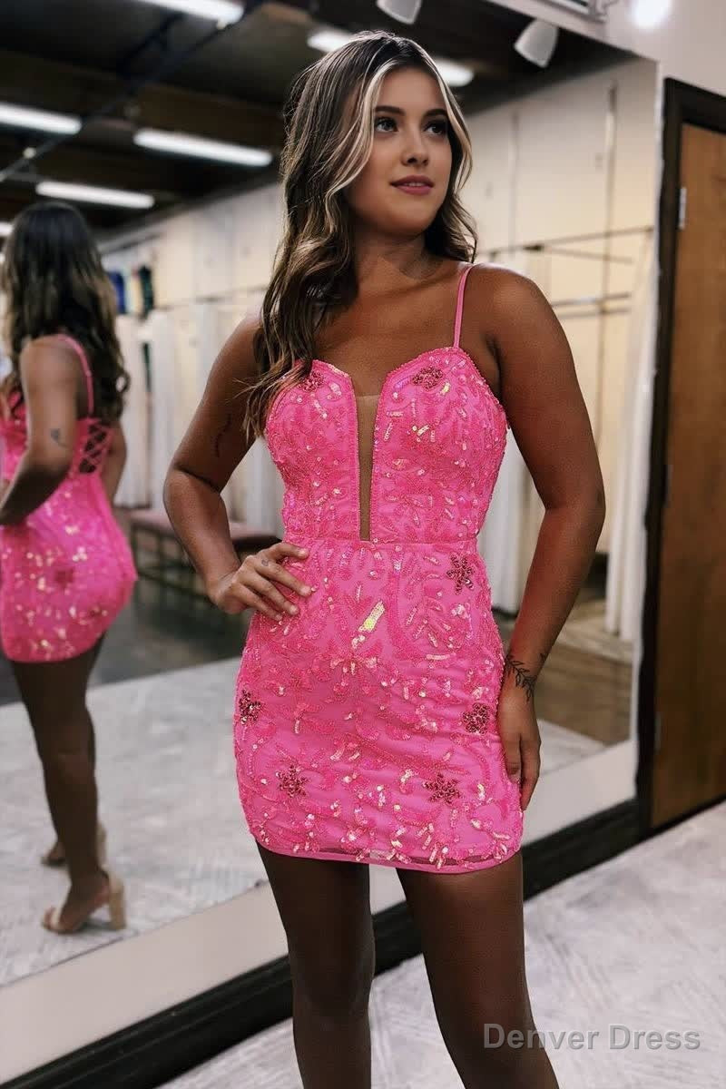 Sexy Deep V neck Sheath Column Pink Short Homecoming Dresses