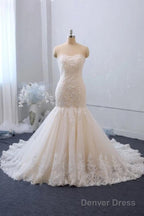 Sexy Floor Length Mermaid Lace Sequins Ivory Wedding Gown