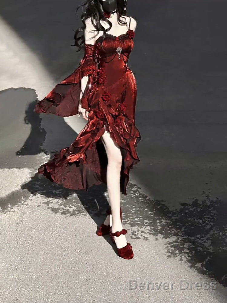 Sexy French High Low Spaghetti Straps Christmas Dress Burgundy Birthday Dresses Birthday Outfits Secondary image