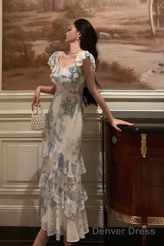 Sexy French Sheath Blue Floral Ruffles Prom Dresses Birthday Outfits Prom Gowns