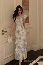 Sexy French Sheath Blue Floral Ruffles Prom Dresses Birthday Outfits Prom Gowns