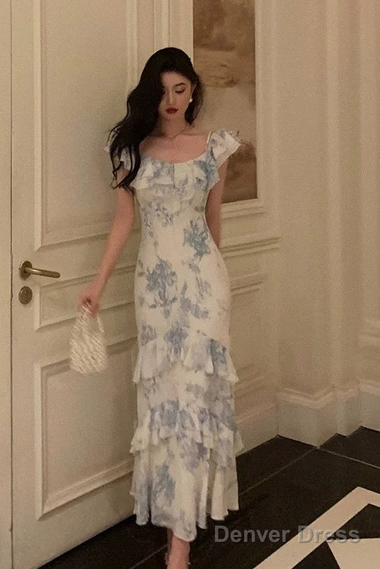 Sexy French Sheath Blue Floral Ruffles Prom Dresses Birthday Outfits Prom Gowns