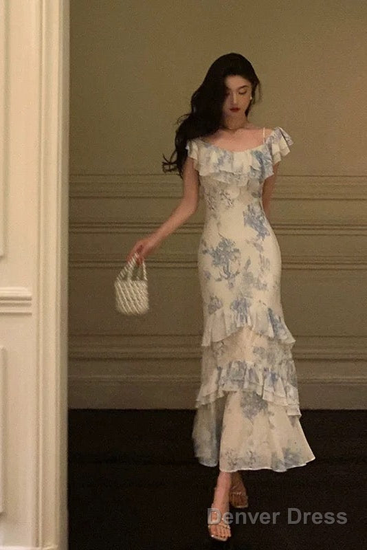Sexy French Sheath Blue Floral Ruffles Prom Dresses Birthday Outfits Prom Gowns