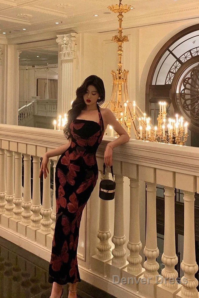 Sexy French Sheath Halter Floral Prom Dresses Birthday Outfits Prom Gowns