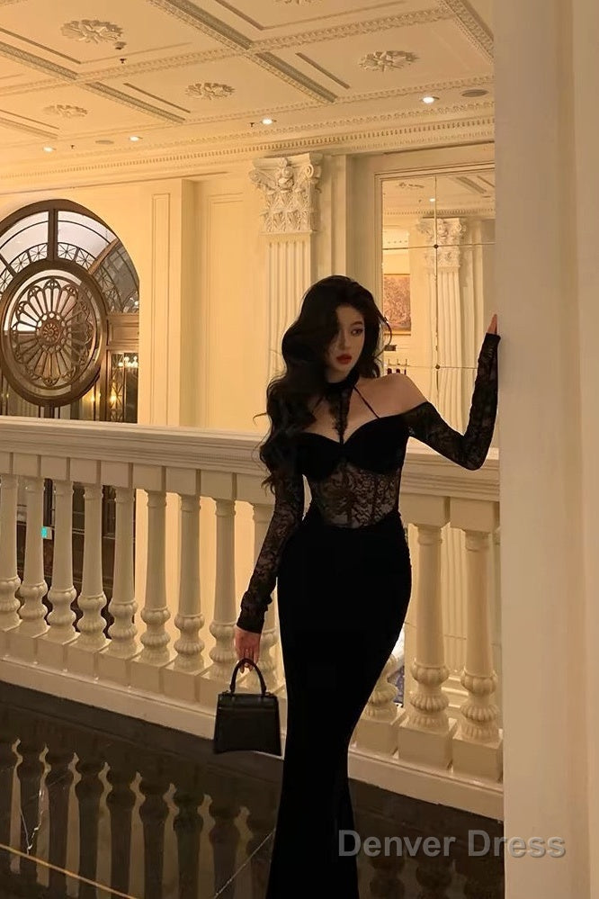 Sexy French Sheath Off The Shoulder Black Lace Prom Dresses Birthday Outfits Prom Gowns