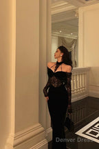 Sexy French Sheath Off The Shoulder Black Lace Prom Dresses Birthday Outfits Evening Gown