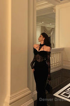 Sexy French Sheath Off The Shoulder Black Lace Prom Dresses Birthday Outfits Prom Gowns
