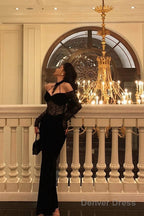 Sexy French Sheath Off The Shoulder Black Lace Prom Dresses Birthday Outfits Prom Gowns