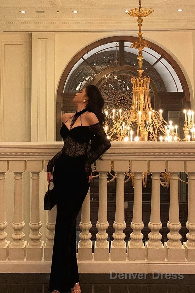 Sexy French Sheath Off The Shoulder Black Lace Prom Dresses Birthday Outfits Prom Gowns