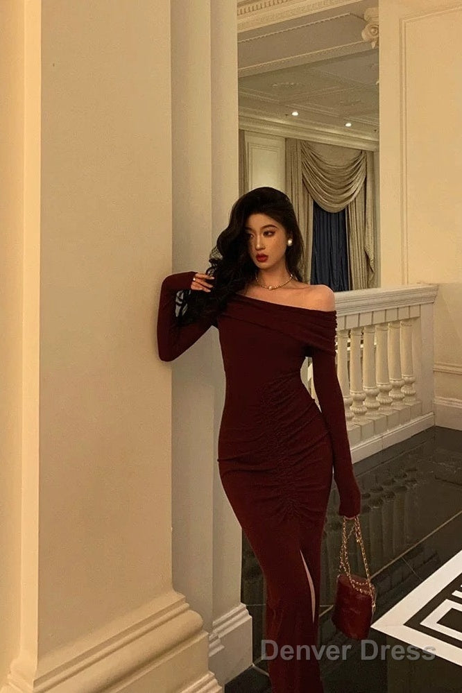 Sexy French Sheath Off The Shoulder Burgundy Split Prom Dresses Birthday Outfits Prom Gowns
