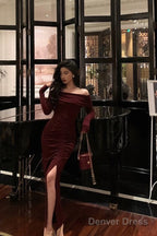 Sexy French Sheath Off The Shoulder Burgundy Split Prom Dresses Birthday Outfits Prom Gowns