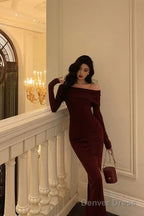 Sexy French Sheath Off The Shoulder Burgundy Split Prom Dresses Birthday Outfits Prom Gowns