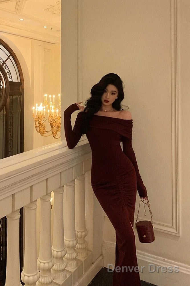 Sexy French Sheath Off The Shoulder Burgundy Split Prom Dresses Birthday Outfits Prom Gowns