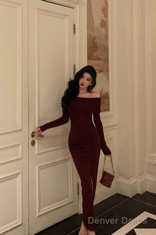 Sexy French Sheath Off The Shoulder Burgundy Split Prom Dresses Birthday Outfits Prom Gowns