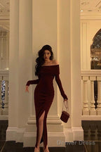 Sexy French Sheath Off The Shoulder Burgundy Split Prom Dresses Birthday Outfits Prom Gowns