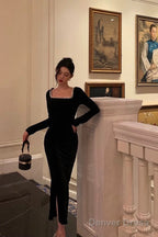 Sexy French Sheath Square Neckline Black Prom Dresses Birthday Outfits Prom Gowns